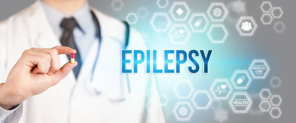 Közelkép Egy Orvosról Aki Epilepsy Felirattal Ellátott Tablettát Önnek Orvosi — Stock Fotó