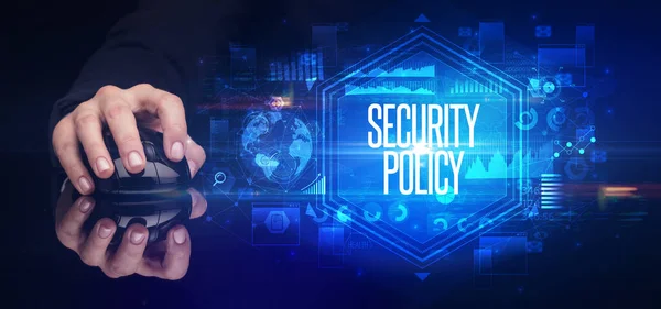 Hand Hält Drahtlose Peripherie Mit Sicherheitspolitik Aufschrift Cyber Sicherheitskonzept — Stockfoto