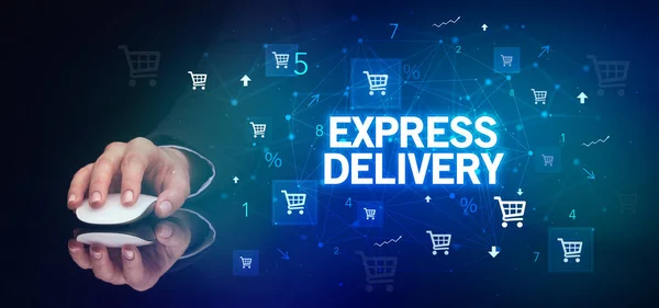 Χέρι Κρατώντας Ασύρματη Περιφερική Επιγραφή Express Delivery Online Εμπορική Έννοια — Φωτογραφία Αρχείου