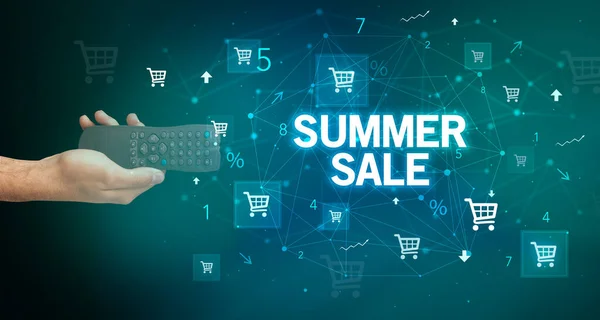 Ruční Držení Bezdrátové Periferie Nápisem Summer Prodej Koncept Online Nakupování — Stock fotografie