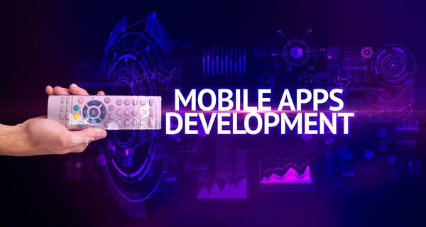 Mobile Apps Development Yazıtları Modern Teknoloji Konseptiyle Ele Tutuşmak — Stok fotoğraf