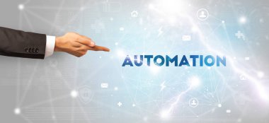 AUTOMATION yazıtlarına el işareti, modern teknoloji kavramı