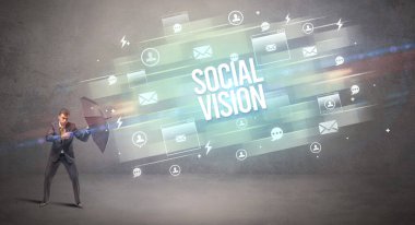 SOCIAL VISION yazıtları şemsiyesi ile yakışıklı iş adamı savunması, yeni nesil medya kavramı