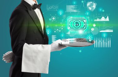 Genç garson tablada para ikonu servis ediyor, para değişimi konsepti.