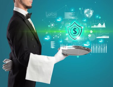Genç garson tepside dolar kalkanı ikonu servis ediyor, para değişimi konsepti.