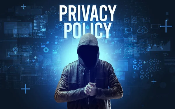 Безликий Чоловік Написом Privacy Policy Концепція Безпеки Інтернеті — стокове фото