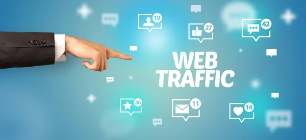 Close Cropped Hand Pointing Web Traffic Inscription Social Networking Concept — Stock Photo, Image