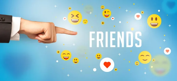 Close Cropped Hand Pointing Friends Inscription Social Media Concept — Stock Photo, Image