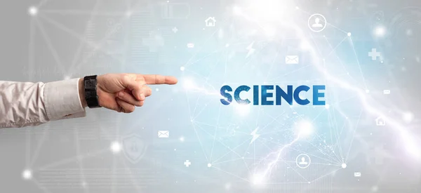 Ręczne Wskazywanie Napis Science Koncepcja Nowoczesnej Technologii — Zdjęcie stockowe