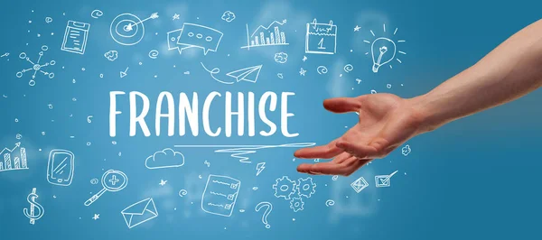 stock image Close-Up of cropped hand pointing at FRANCHISE inscription, modern business solution concept