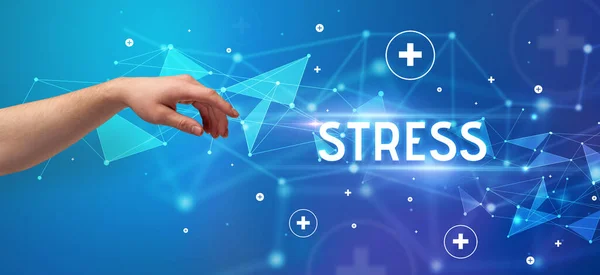 Zbliżenie Przyciętej Dłoni Wskazującej Napis Stress Koncepcja Medyczna — Zdjęcie stockowe
