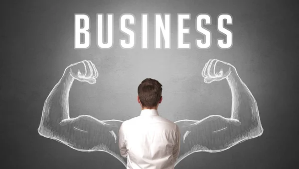Tylny Widok Biznesmena Napisem Business Potężna Koncepcja Biznesowa — Zdjęcie stockowe