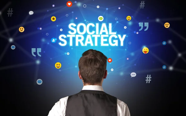 Visão Traseira Empresário Com Inscrição Estratégia Social Conceito Rede Social — Fotografia de Stock