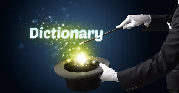 Mágico Está Mostrando Truque Magia Com Inscrição Dicionário Conceito Educacional — Fotografia de Stock