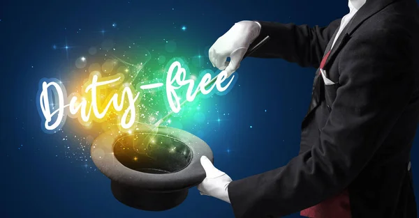 Goochelaar Hand Toveren Met Toverstaf Duty Free Inscriptie Shopping Concept — Stockfoto