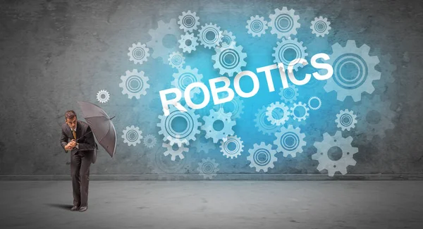 Empresário Defendendo Com Guarda Chuva Inscrição Robotics Conceito Tecnologia — Fotografia de Stock
