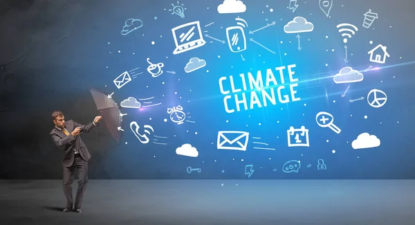 Empresario Defendiendo Con Paraguas Inscripción Climate Change Concepto Tecnología Moderna —  Fotos de Stock