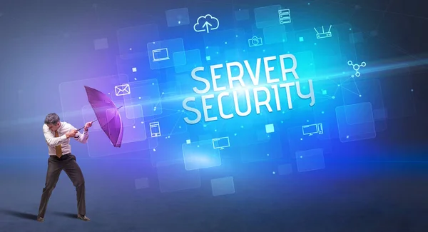 Affärsman Som Försvarar Med Paraply Från Cyberattack Och Server Security — Stockfoto