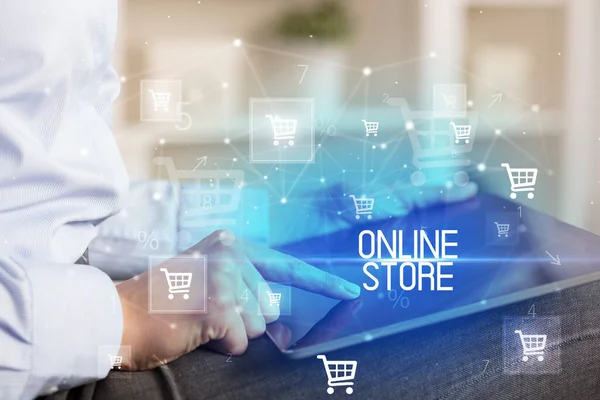 Young Person Makes Purchase Online Shopping Application Online Store Inscription — Stock Photo, Image