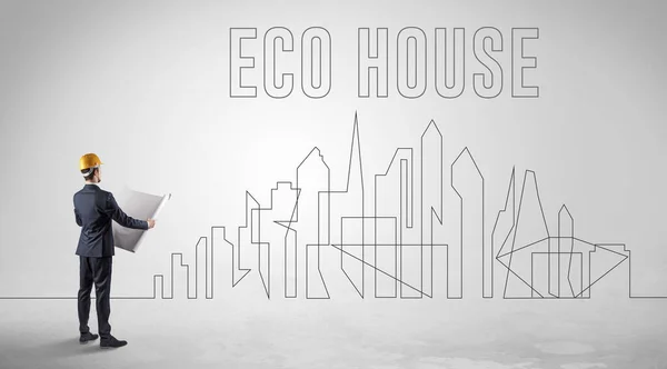 Бізнесмен Твердому Капелюсі Тримає Креслення Написом Eco House Інженерною Архітектурною — стокове фото