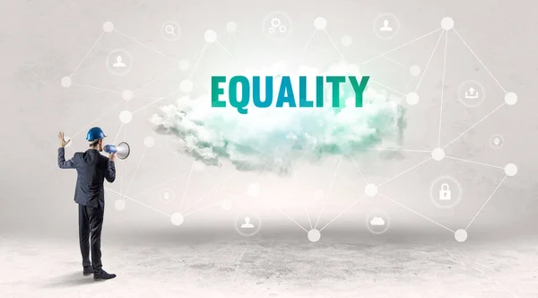 Mérnök Dolgozik Egy Közösségi Média Koncepció Equality Felirattal — Stock Fotó
