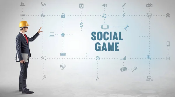 Inženýr Pracující Nové Platformě Sociálních Médií Koncepcí Nápisu Social Game — Stock fotografie