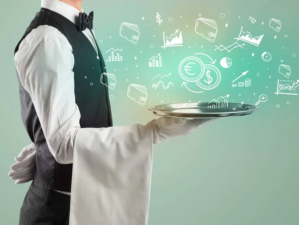 Handsome Young Waiter Tuxedo Holding Tray Fast Exchange Icons Tray — Stock Photo, Image