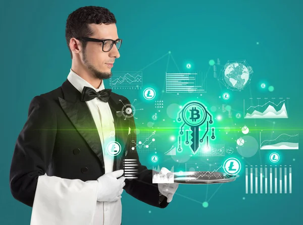 Joven Camarero Sirviendo Iconos Blockchain Bandeja Concepto Cambio Dinero — Foto de Stock
