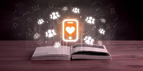 Libro Abierto Con Smartphone Con Iconos Del Corazón Arriba Concepto —  Fotos de Stock