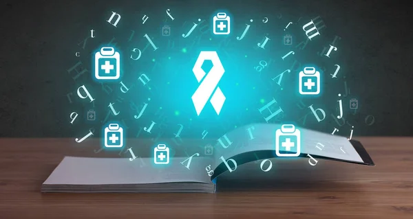 Open medical book with breast cancer icons above, global health concept