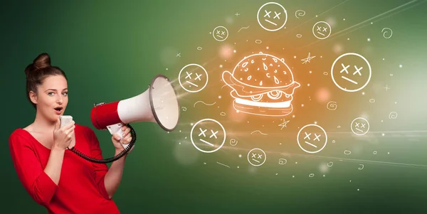 Jongeren Schreeuwen Megafoon Sappige Hamburger Icoon Gezond Eten Concept — Stockfoto
