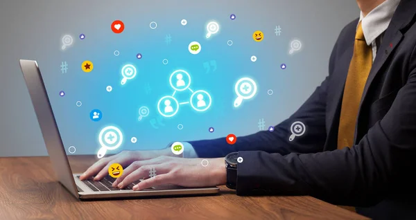 Hand Surfing Social Media People Connection Icons Coming Out Screen — Stock Photo, Image