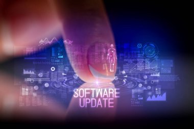 Web teknolojisi simgeleri ve SOFTWARE UPDATE yazıtları ile parmak dokunma tableti