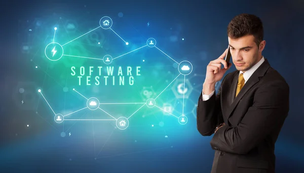Businessman Front Cloud Service Icons Software Testing Inscription Modern Technology — Stock Photo, Image