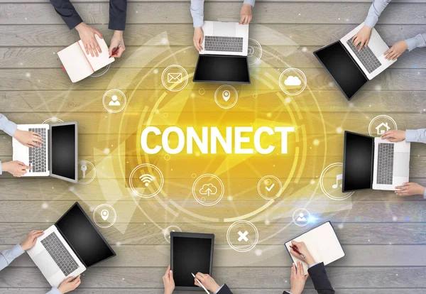 Grupo Pessoas Tendo Uma Reunião Com Connect Insciption Conceito Rede — Fotografia de Stock