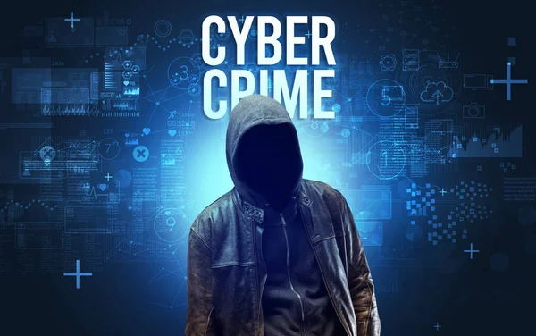 Gesichtsloser Mann Mit Cyber Crime Aufschrift Online Sicherheitskonzept — Stockfoto