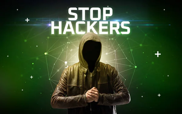 Mysterieuze Hacker Met Stop Hackers Inscriptie Online Aanval Concept Inscriptie — Stockfoto