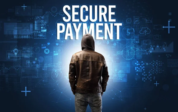 Uomo Senza Volto Con Iscrizione Secure Payment Concetto Sicurezza Online — Foto Stock