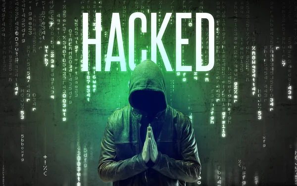 Gezichtloze Hacker Met Gehackte Inscriptie Hacken Concept — Stockfoto