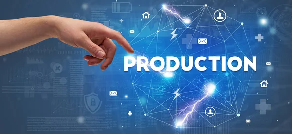 Hand Pointing Production Inscription Modern Technology Concept — Stock Photo, Image