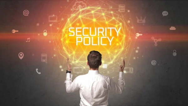 Rückansicht Eines Geschäftsmannes Mit Sicherheitspolitik Aufschrift Online Sicherheitskonzept — Stockfoto