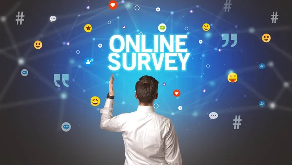 Rear View Businessman Online Survey Inscription Social Networking Concept — Stock Photo, Image
