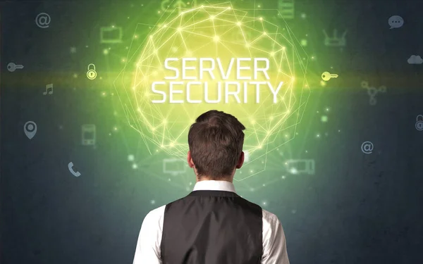 Rear View Businessman Server Security Inscription Online Security Concept — Stock Photo, Image