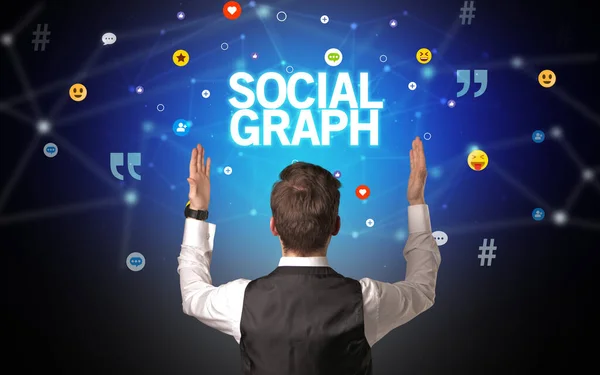 Rückansicht Eines Geschäftsmannes Mit Social Graph Aufschrift Social Networking Konzept — Stockfoto