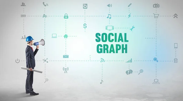 在一个新的社交媒体平台上工作的工程师 该平台具有社会题词的概念 — 图库照片