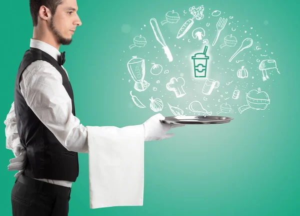 Waiter Holding Silver Tray Takeaway Cup Icons Coming Out Health — Stock Photo, Image
