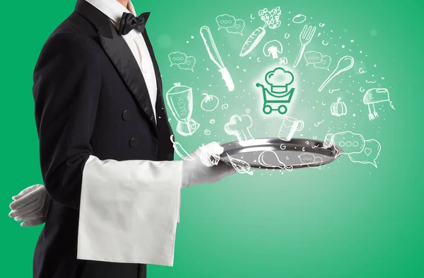 Kelner Trzymający Srebrną Tacę Wychodzącymi Niej Ikonami Zakupów Żywności Koncepcja — Zdjęcie stockowe