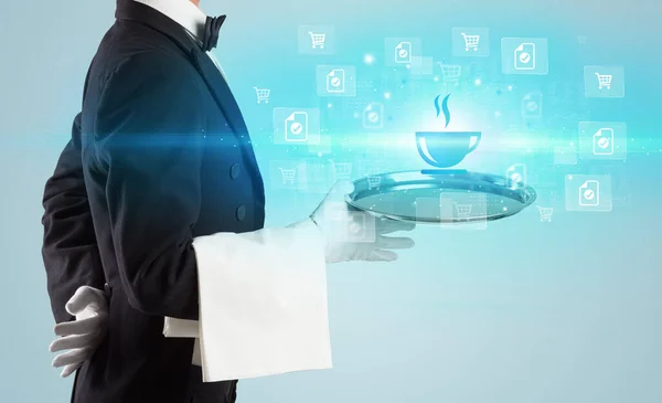 Young Waiter Serving Coffee Icons Concept Tray New Business Model — Stock Photo, Image