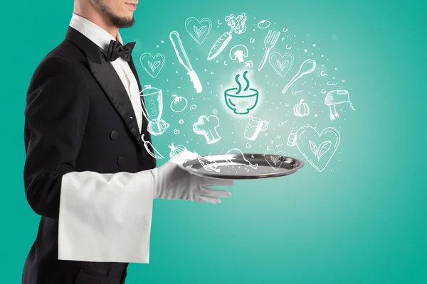 Waiter Holding Silver Tray Soup Icons Coming Out Health Food — Stock Photo, Image