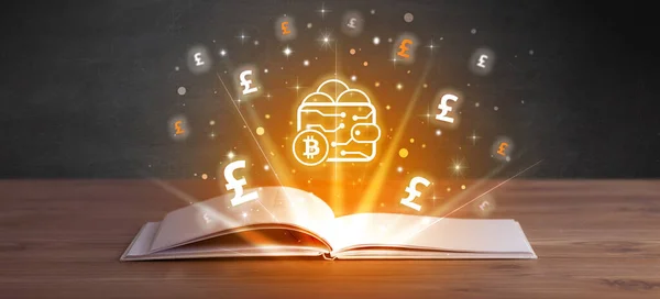 Open book with bitcoin wallet icons above, currency exchange concept